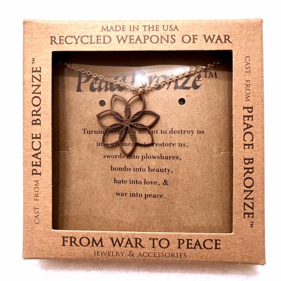 From War To Peace Jewelry - Flower Power Peace Bronze Pendant Necklace on 18" Rolo Chain